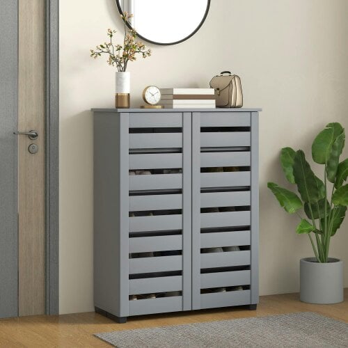 Wyld Haus Zifa Wooden Grey Slim Shoe Cabinet With 5 Tier Storage And Slatted Doors