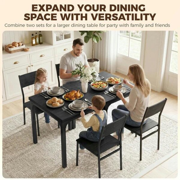 3 Piece Space-Saving Kitchen Table and Chairs, Dining Table Set for 2 with Metal Legs, Black Wood Effect