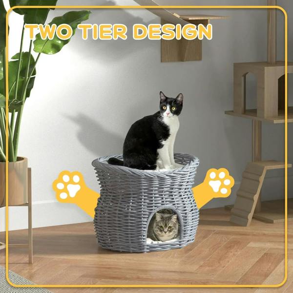 Grey two-tier wicker cat tower with elevated bed and stacked climbing platforms