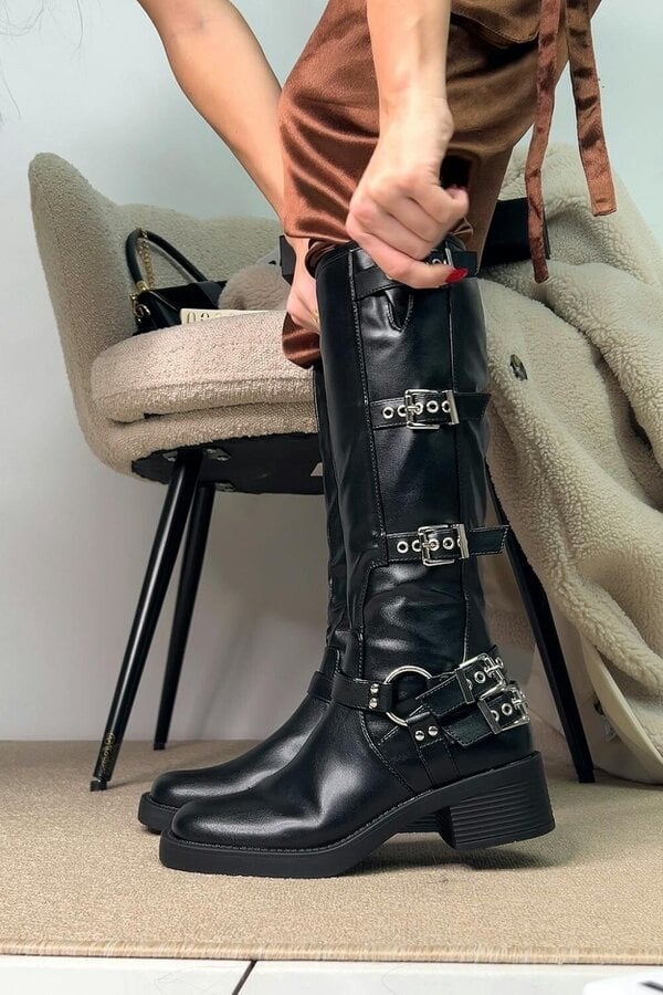 XY LONDON Harness square toe Knee High Biker Boots