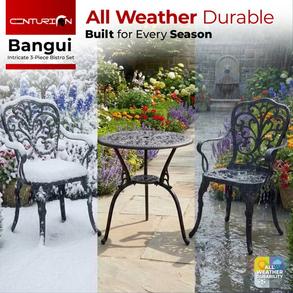 Centurion Supports BANGUI Black Garden and Patio Table and 2 Chairs Cast Aluminium Bistro Set