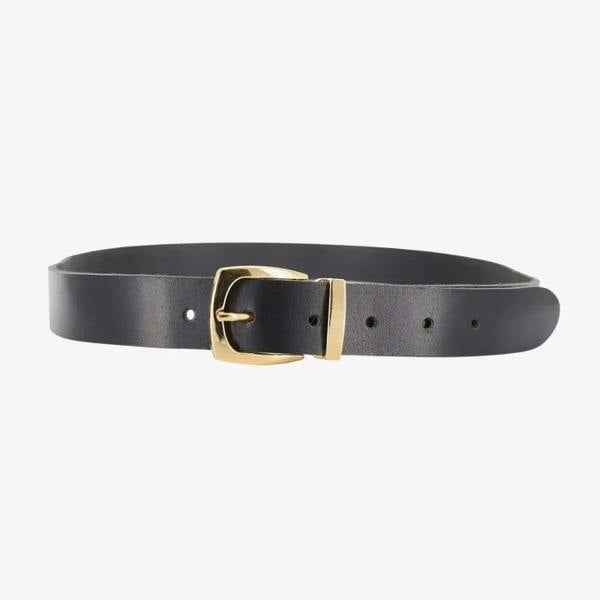Full width of Black leather belt with a gold buckle on a white background