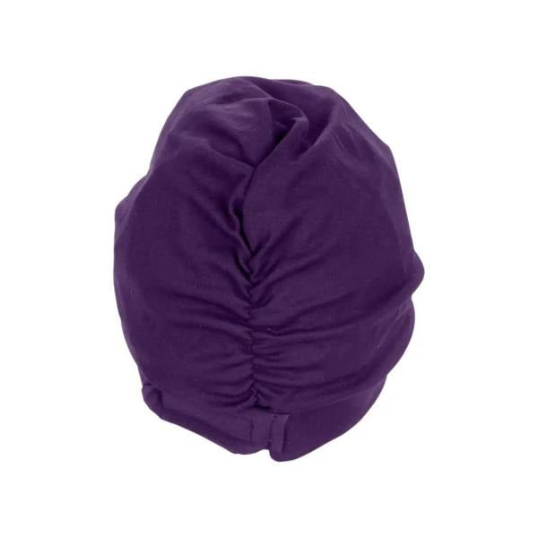 Purple satin Fashy Turban Fabric Swim Cap with gathered edges and elastic band