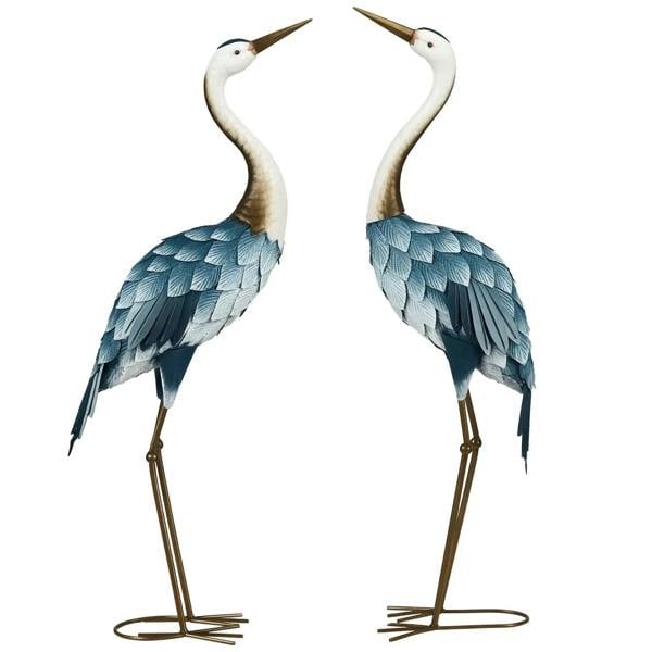 Set of 2 steel crane garden ornaments, white heads, blue patterned feathers, gold legs