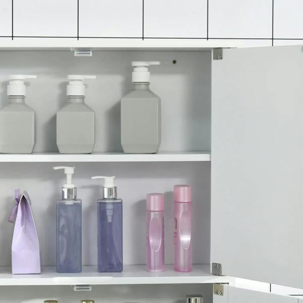 Interior view of white mirror cabinet with shelves and bottles, with lower door vent panel