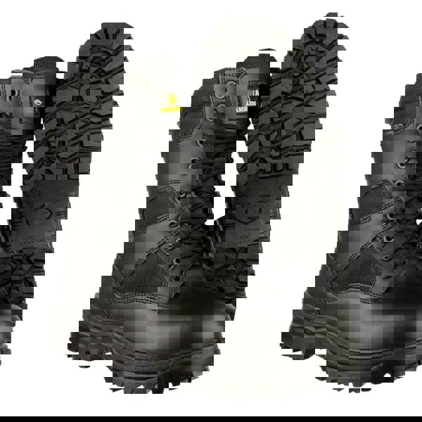 Amblers Safety Amblers Combat Mens Composite Toe Metal Free Safety Tall Hi-Leg Boots, black safety boots with sturdy design, cushioned ankle support, and slip-resistant soles.