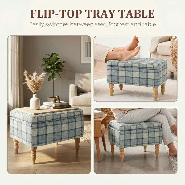 Linen Fabric Upholstered Footstool, Rectangular Storage Stool with Removable Top, Padded Seat and Hidden Space, Grey