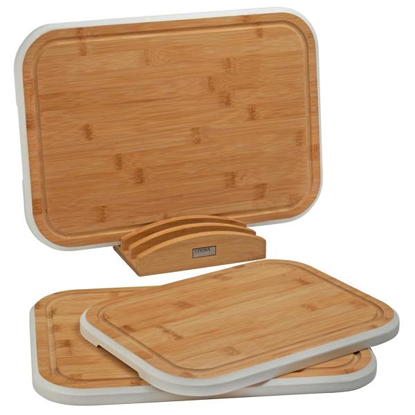 Cooks Professional 3 Piece Bamboo Chopping Board Set with Stand | White Edging
