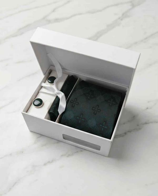 Deep Teal Jacquard Tie Set with Cufflinks & Pocket Square