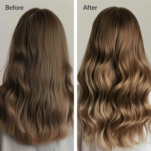 Before and after comparison of wavy hair color change. Hydrating honey conditioner for stronger, smoother and healthier-looking hair. Hair Honey Pro-Keratin Growth Conditioner