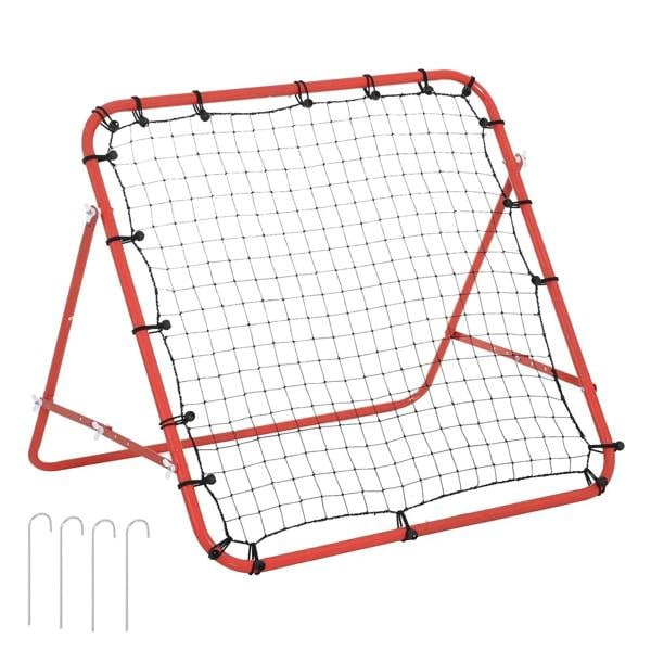 Red rebound kickback goal with black netting and elastic-cord frame for practice