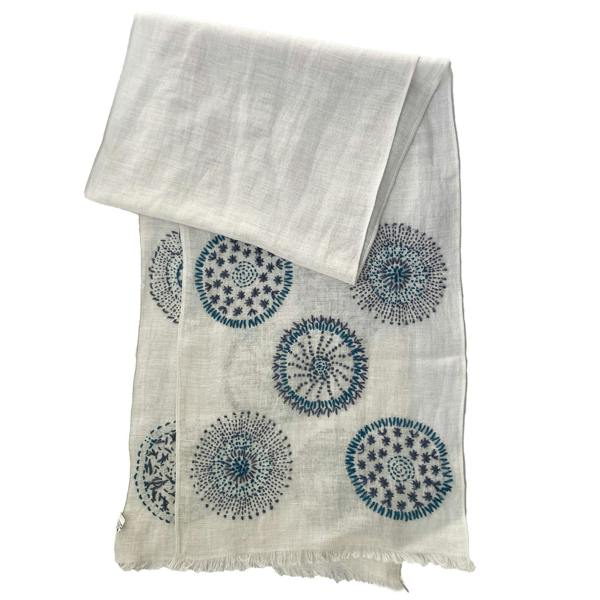 Hayley & Co Hand Embroidered 100% Linen Scarf in Light Grey and Blue