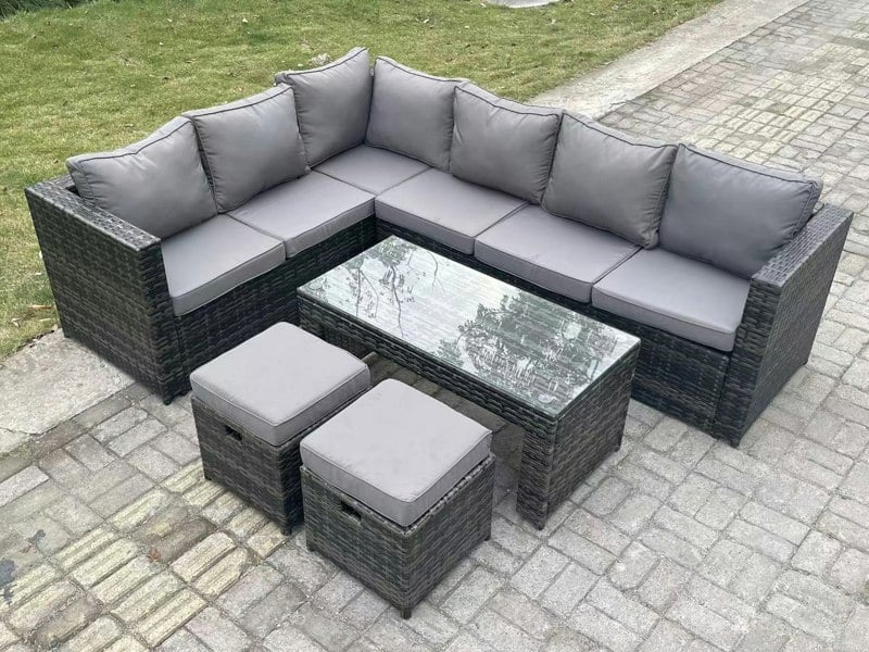 Fimous 8 Seater Rattan Corner Sofa Lounge Sofa Set With Rectangular Coffee Table 2 Stool Dark Grey Mixed Left Hand