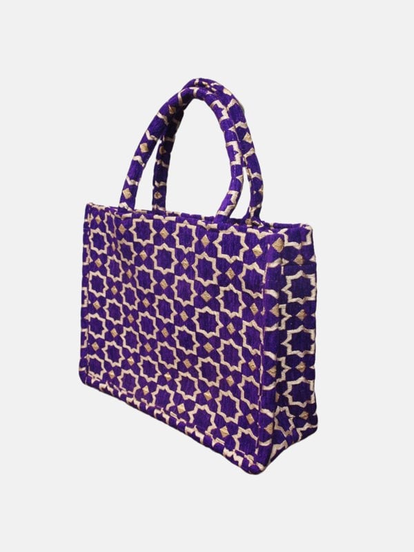 Berber Leather Moroccan Geometric Print Fabric Tote Bag in Purple