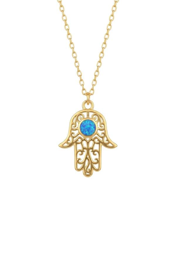 Latelita Hamsa Hand Filigree Blue Opal Pendant Necklace Gold