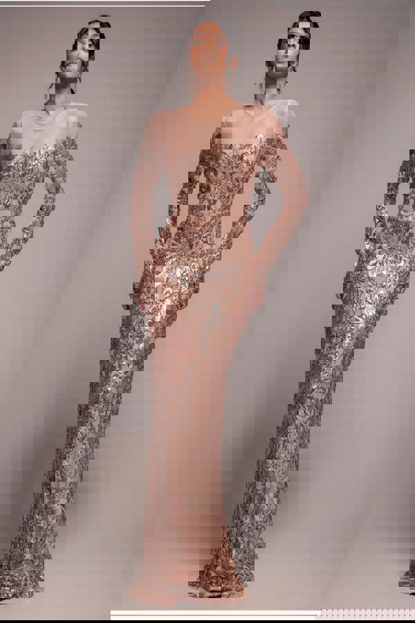 Floral Sequin Mesh Maxi - Champagne DR4041