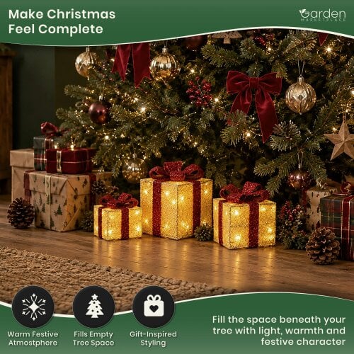 Light Up Christmas Parcels with 35 White LEDs - Set of 3, Gold and Red