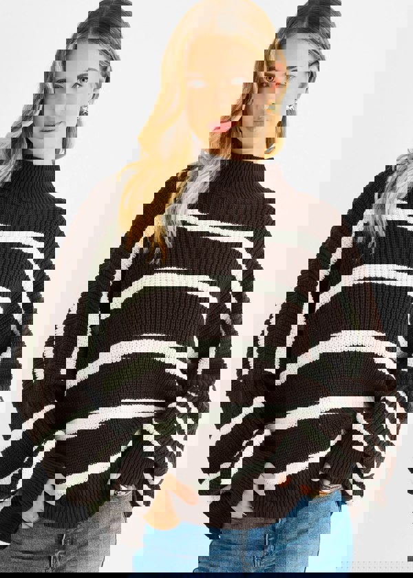 Gini London Chocolate Chunky Knit High Neck Jumper