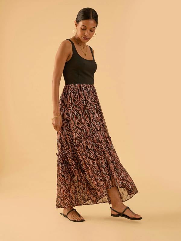 Rose & Nancy Mia Fabric Mix Black and Tan Tiger Print Maxi
