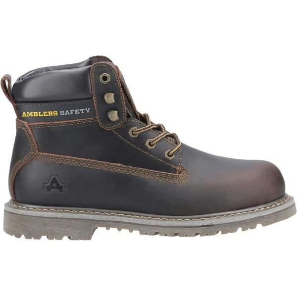 Amblers Safety Amblers FS164 Mens Goodyear Steel Toe/Midsole Safety Boot, a black safety boot with brown stitching, metal eyelets, and a padded collar, designed for industrial safety.