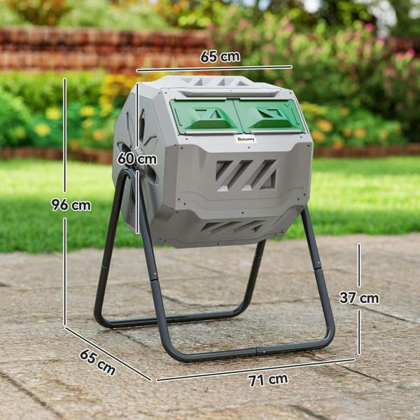 Grey rotating dual-chamber composter on black legs with size dimensions in cm
