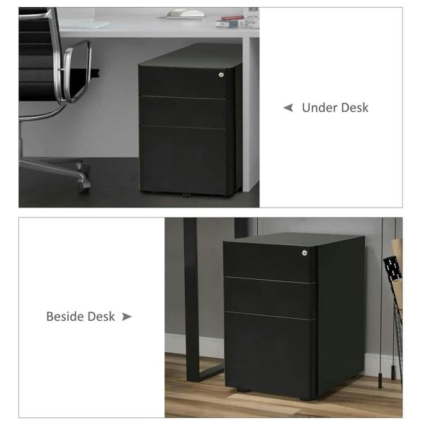 Black lockable rolling filing cabinet positioned beside a desk, with drawers and key lock