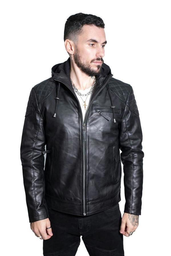 Infinity Leather Mens Retro Hooded Leather Bomber Jacket-Zaria