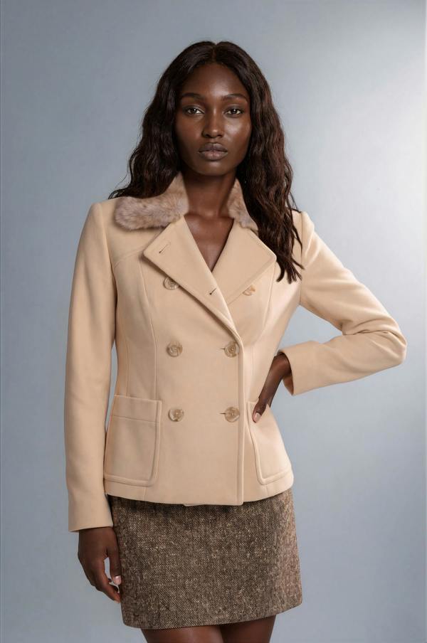 Myles Anthony Cream Reefer Style Wool Jacket With Faux Fur Collar