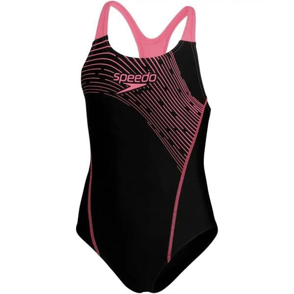 Black and pink Speedo Girls Medley Logo Medalist swimsuit with geometric pattern