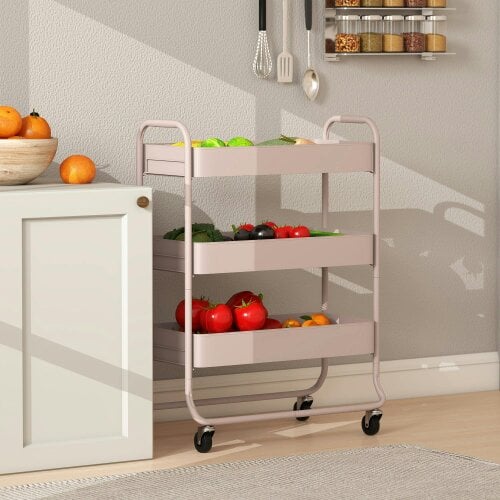 Wyld Haus Noluli Doha Metal Light Pink 3 Tier Rolling Utility Trolley With Mesh Baskets