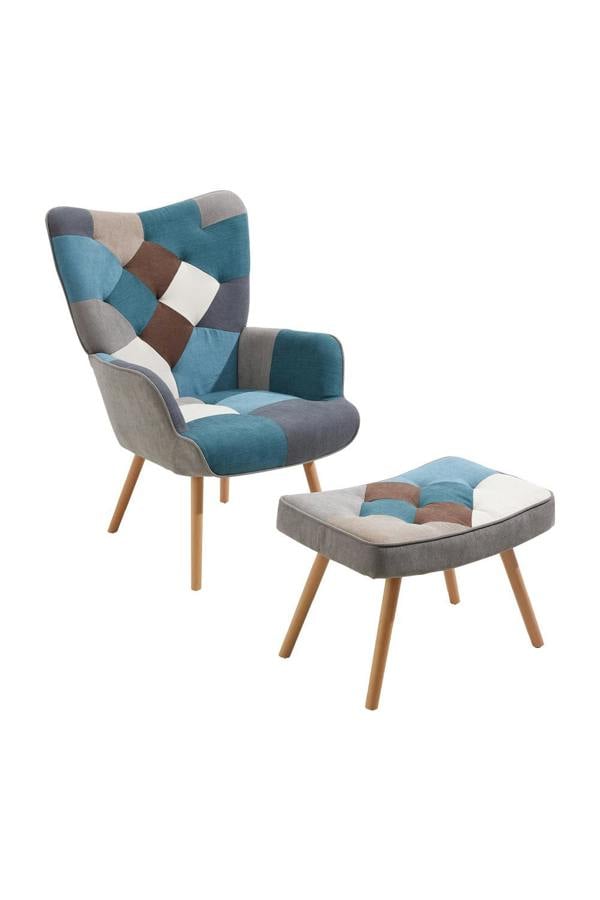 Living and Home Multicoloured Upholstered Wingback Armchair with Footstool
