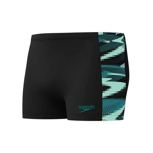 Black Speedo Hyperboom Panel Aquashort with teal green side pattern