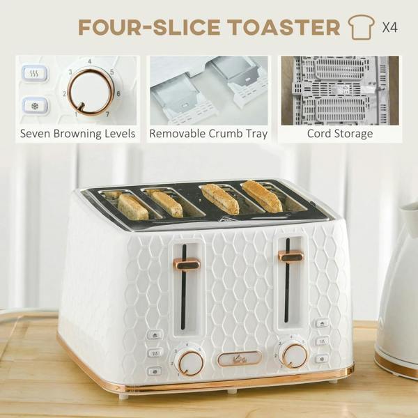 White four-slice toaster with control dials and crumb tray, paired with kettle
