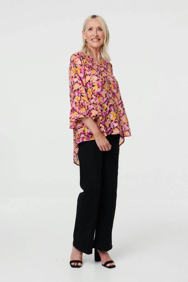 Pink | Floral Relaxed 3/4 Flared Sleeve Blouse