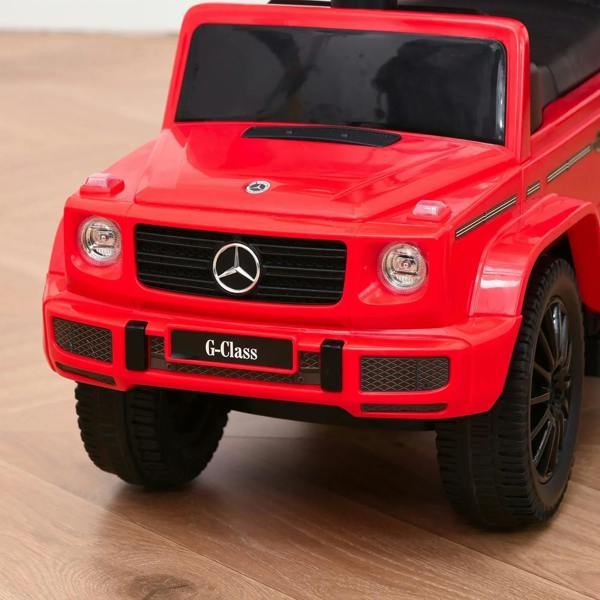 Red front view kids ride-on push car with Mercedes grille and headlight details