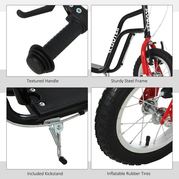 Teen kick scooter detail view: textured black grips, steel frame, inflatable tires, kickstand
