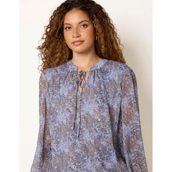 Blue Vanilla Metallic Leopard Print Tie Neck Puff Ball Blouse