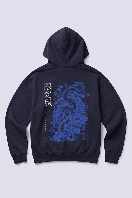 London Attitude Oversized Heavyweight Japanese Dragon Graphic Hoodie