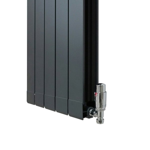 Anthracite grey aluminium radiator measuring 1800mm x 315mm with sleek vertical panels and a chrome valve for modern interiors