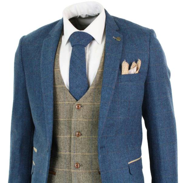 Marc Darcy Mens 3 Piece Blue Tweed Vintage Suit