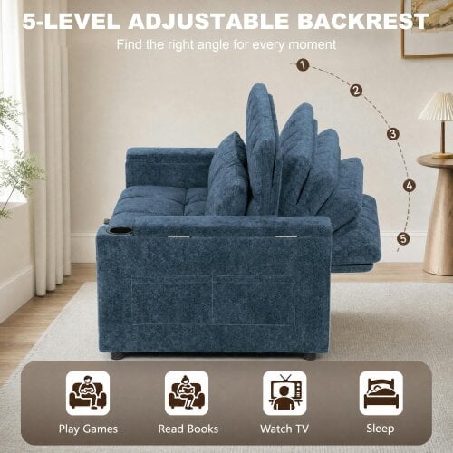 HOMCOM 2 Seater Sofa Bed with Armrest Storage, Side Pockets, Dark Blue