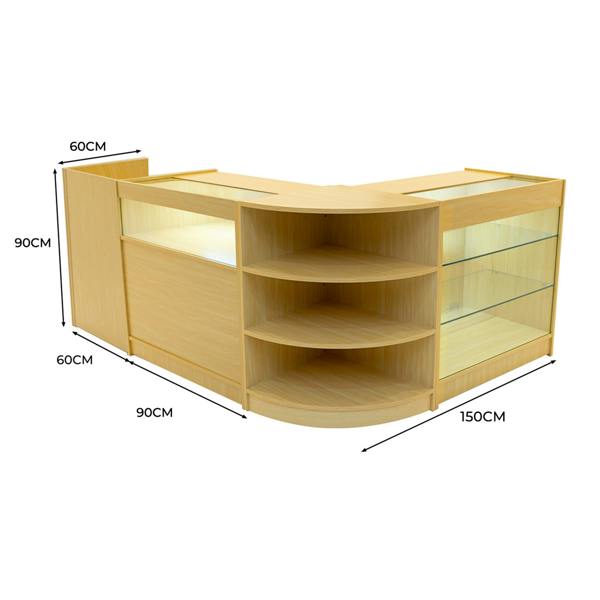 Maple Hyperion LED shop counter set with curved design, glass shelves, and ample storage, dimensions 150cm x 90cm x 90cm