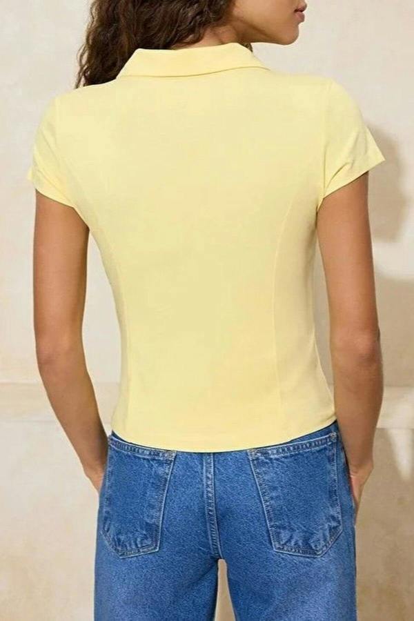 WOVCOR Fitted Peter Pan Collar Buttoned Cotton Stretch Knit Blouse
