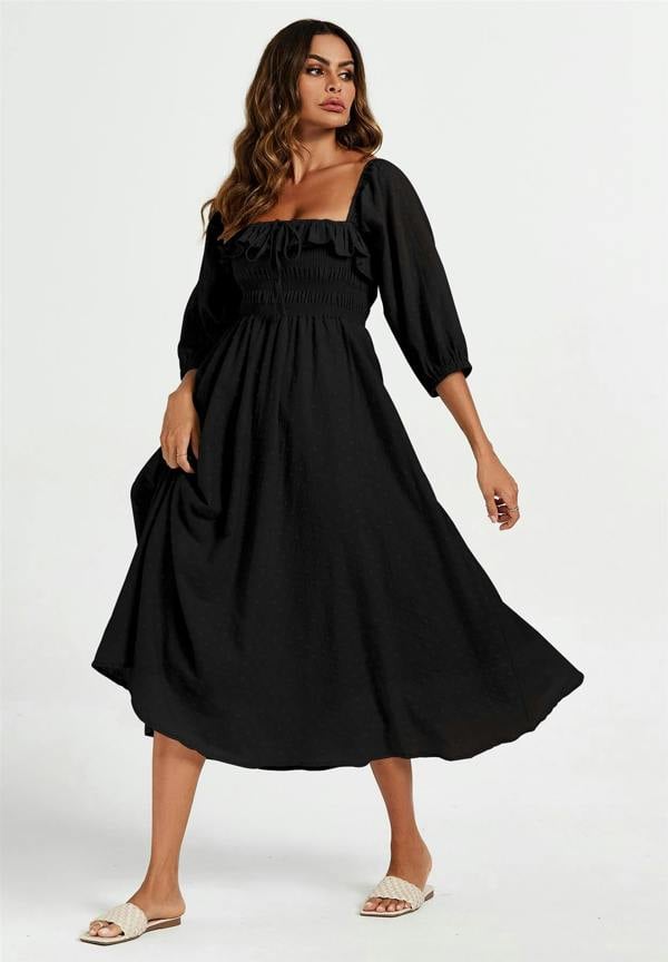 FS Collection Frill Detail Square Neckline Midi Dress In Black