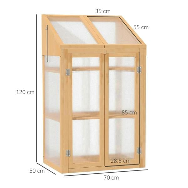 Wooden cold frame greenhouse with openable lid and double doors, clear polycarbonate