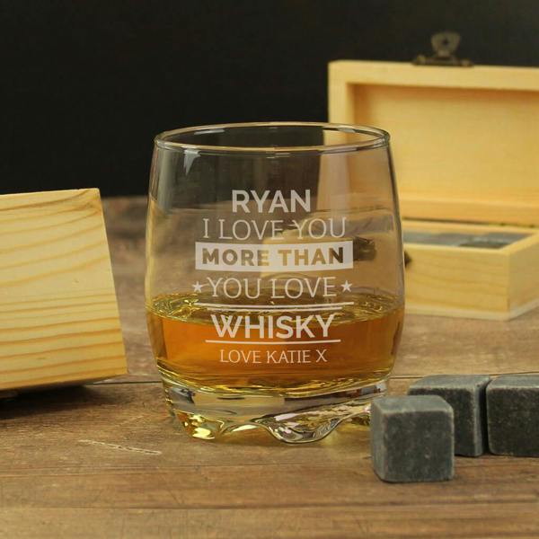 Personalised 'I Love You More Than Whisky' Glass And Stones - alternative angle