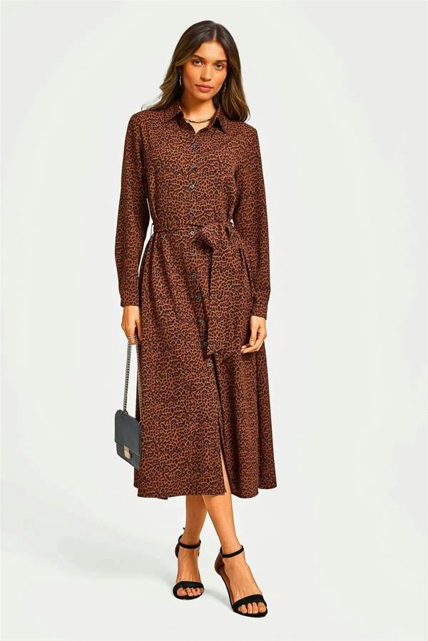 FS Collection Brown Leopard Print Shirt Midi Dress With Tie Waist + Gold Stretch Leaf Belt