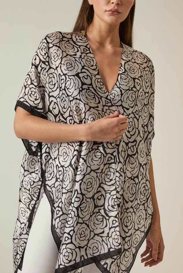 Black-and-white abstract rose print kaftan