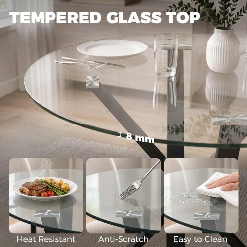 HOMCOM Round Dining Table, 80cm Kitchen Table w/ Tempered Glass Top, Clear