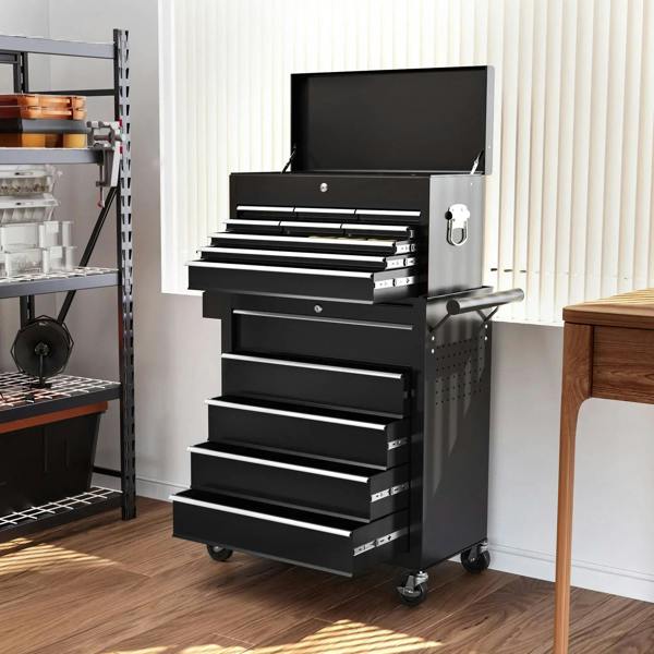 Black 14-drawer tool chest with open top case and drawers on rolling casters